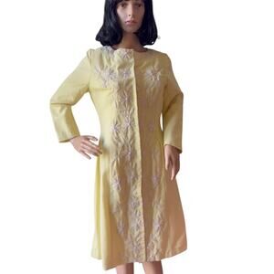 Anthropology Plenty Yellow Linen & White embroidered Beaded Coat size 6